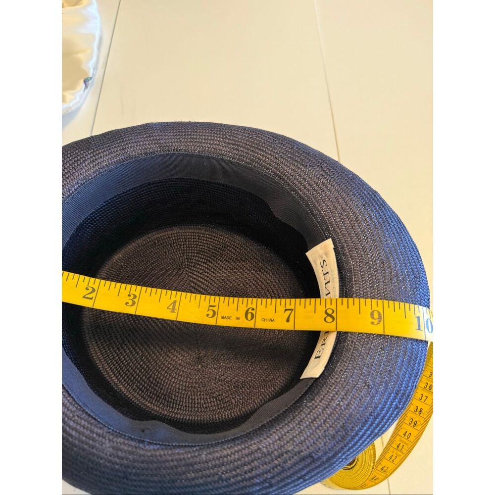 Vintage Eric Javits Boater Hat Navy Straw Grosgrain Ribbon Three Buttons Regal - Picture 7 of 9